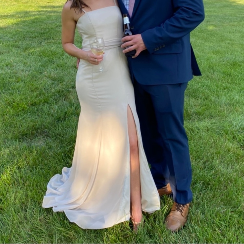 Azazie light sand colored dress
